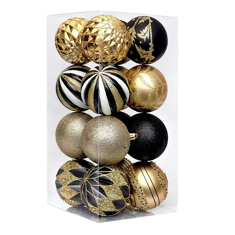 24pcs Plastic Christmas Ball Hand Painted Black Gold round Decorations UV Printing for Halloween Christmas Holidays