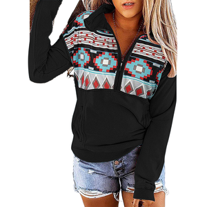 Sudadera con capucha y cremallera de cuarto de cierre para mujer, talla grande 5XL, estilo casual, teñido liso, con estampado azteca occidental personalizado, Colección Primavera 2026 - Product Image 1