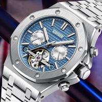 Montre mécanique automatique squelette tourbillon multifonction de luxe personnalisée pour homme, bracelet en alliage d'acier inoxydable, étanche 30M