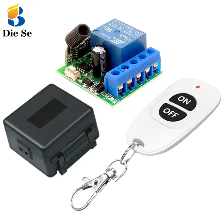 Remote control switch, 12V single channel relay module RF wireless switch receiver equipped with portable remote control