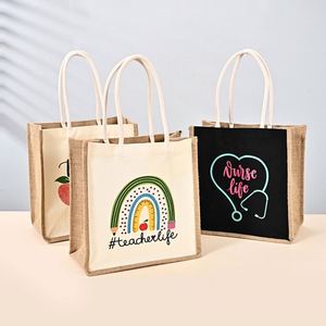 Sac fourre-tout en <span class=keywords><strong>jute</strong></span> réutilisable écologique avec logo personnalisé, sac <span class=keywords><strong>de</strong></span> shopping en <span class=keywords><strong>toile</strong></span> naturelle avec bandoulière, sac fourre-tout pour femmes - Product Image 1