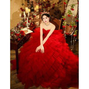 Red Tulle Ball Gown Wedding Dress Sweetheart Neckline Natural Waist Vintage Style Studio Photography Dress - Product Image 1