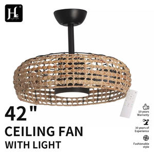 Ventilateur de plafond LED en rotin tressé avec lumière, style vintage, lampe suspendue simple pour la décoration du salon ou du bar - Product Image 3