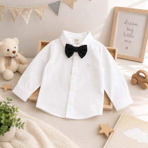 Chemise classique blanche à manches longues avec un charmant détail nœud papillon crée une tenue élégante pour les célébrations et les rassemblements formels. - Product Image 4