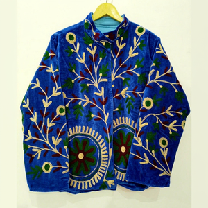 Handmade Blue <b>Velvet</b> Embroidered Suzani <b>Jacket</b> With Floral Pattern Full Sleeve Stand Collar Bohemian <b>Women's</b> Autumn Outerwear - Product Image 1