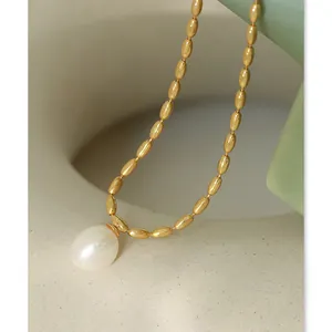 Designer 18K Gold Plated Rice Beads Chian Choker Necklace For Women Dainty Real Freshwater Pearl Pendant Necklace