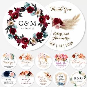 Autocollants de mariage personnalisés pour les cadeaux - Étiquettes rondes personnalisées de remerciement avec motif floral pour les boîtes de friandises, les sacs de bienvenue - Product Image 1