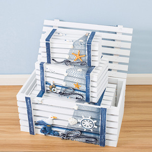 Mediterranean Style Distressed Wood Storage <b>Box</b> 3-Piece Set Blue White Rectangle <b>Pine</b> Toy Organizer Living Room Decor - Product Image 3