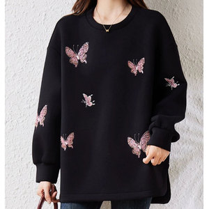 OEM <span class=keywords><strong>farfalle</strong></span> con paillettes e perline ricamate felpe da donna Logo personalizzato Pullover Raglan Casual di alta qualità per le signore - Product Image 1