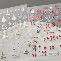 Stiker Kuku Natal 3D Motif Emas Timbul, Pita Merah Pasir, Bunga Warna-warni, Hati Cinta, Stiker Seni Kuku DIY