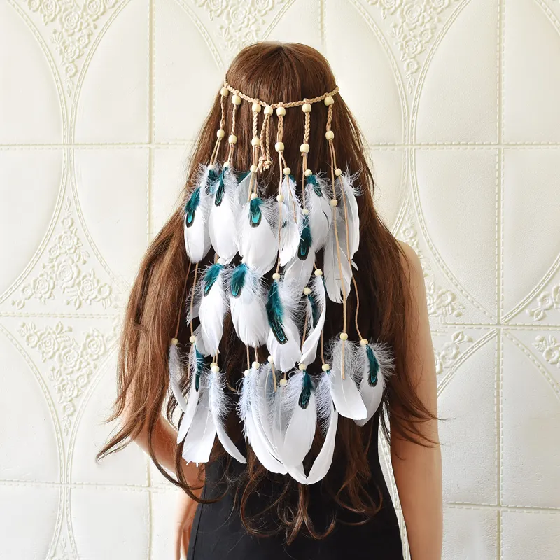 Bandeaux en cuir avec plumes blanches, style bohémien, accessoires pour cheveux, bandeaux en bois, 1 pièce