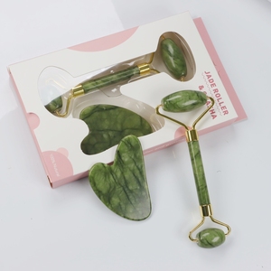 Xiuyan Natural Custom logo Nephrite Facial Green Limestone Ridged Jade Roller and Gua Sha <strong>Massager</strong> Set - Product Image 4