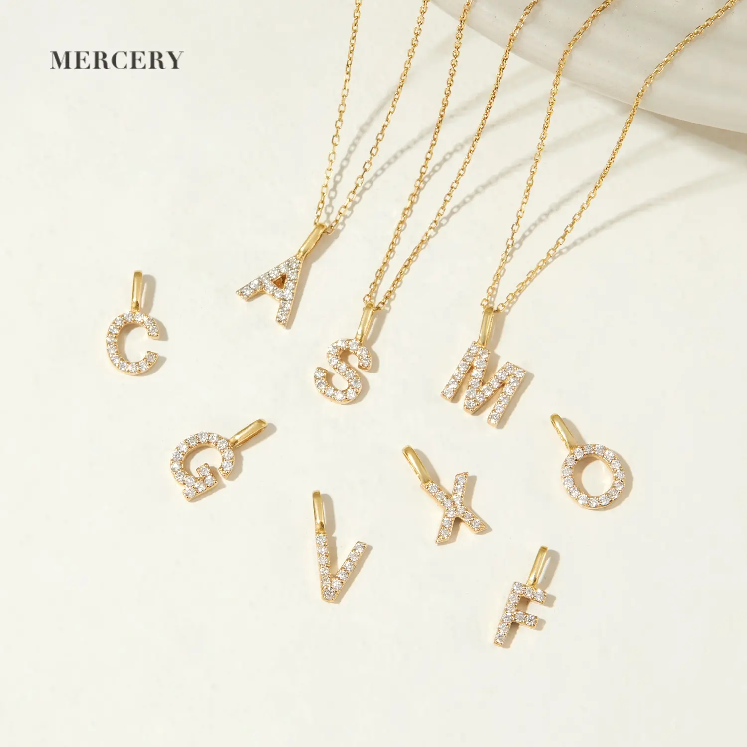 Mercery ดรอปชิป26ตัวอักษรภาษาอังกฤษประดับเพชรแท้14K จี้ A-Z ทองแข็งสำหรับสร้อยข้อมือสร้อยคอเครื่องประดับ DIY