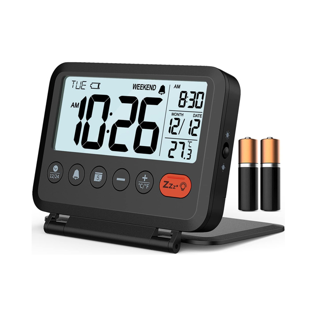Small Digital Clock Battery Folding Cover Snooze Weekend Mode Temperature Calendar 12/24H 2-Level Backlight Travel Alarm Clock