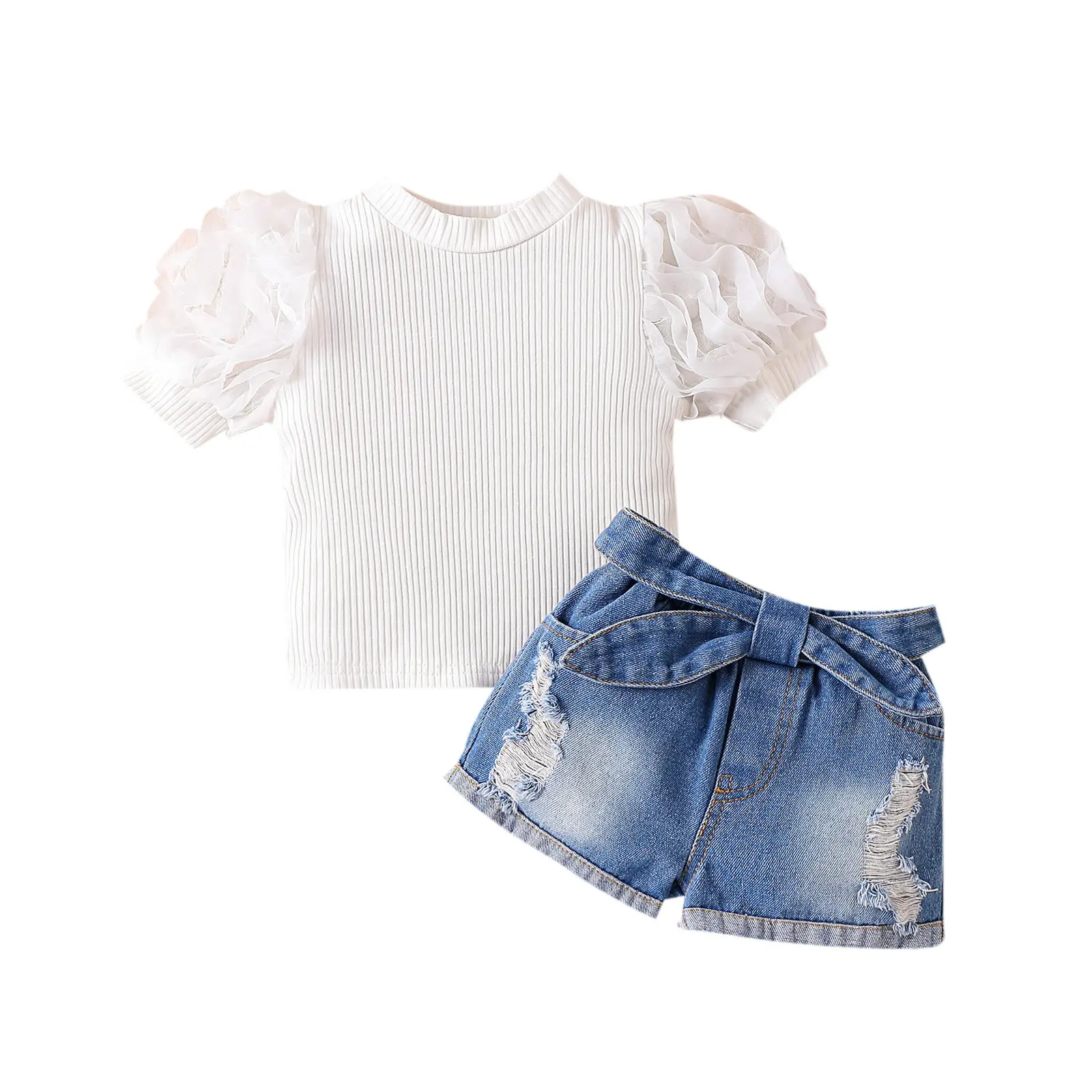 Custom Brand Summer Girls outfit Kids New Lace Bubble Sleeves tops Shirts+Ripped Denim Shorts Sets