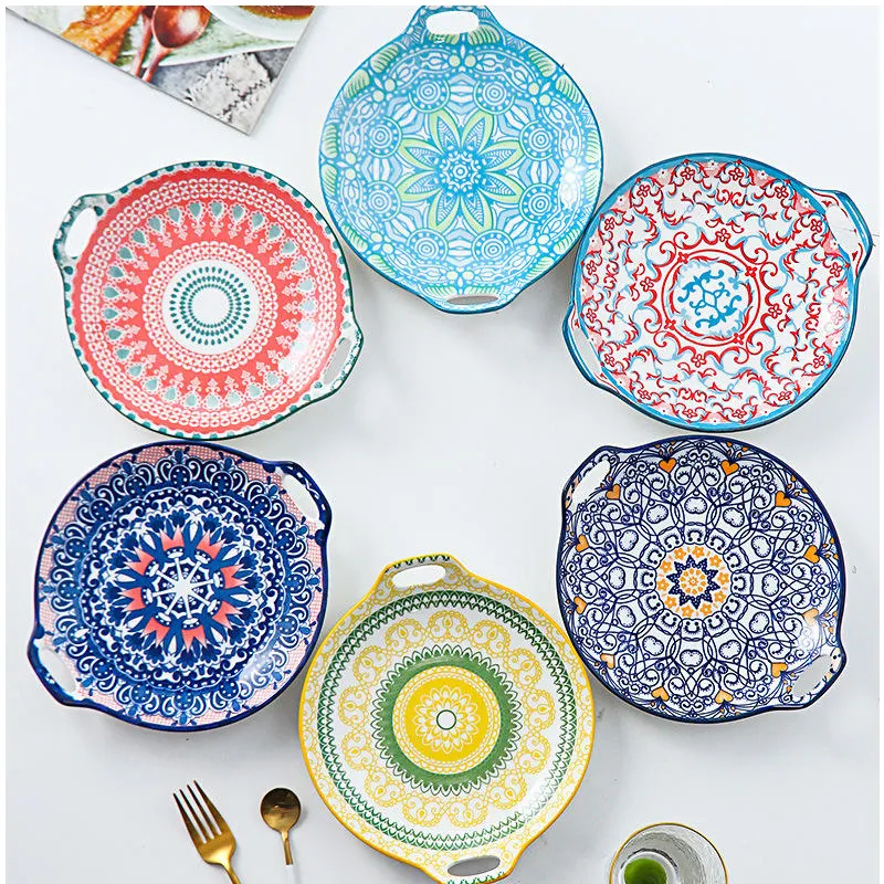 Platos de cerámica coloridos para horno microondas, platos de cerámica de estilo bohemio