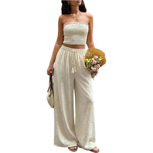 FOXA Women's 2 Piece <b>Linen</b> Set Ruffle Trim Tube <b>Top</b> Wide Leg Pants Breathable Vacation Outfit - Product Image 1