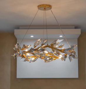 Decoración cristal lineal colgante luz boda oro lujo anillo candelabro con hojas - Product Image 3