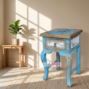 <b>Rustic</b> Distressed Wooden <b>Bedside</b> Nightstand 1 Drawer Turquoise Blue Antique Bedroom Side <b>Table</b> End <b>Table</b> For Hotel Living Room - Product Image 2