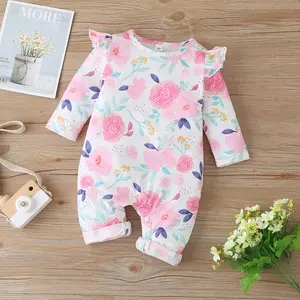 Newborn Baby Clothes Spring Autumn Baby Rompers Flower Print Long Flying Sleeve Baby Jumpsuits Infant Toddler Girl Clothes 0-18M