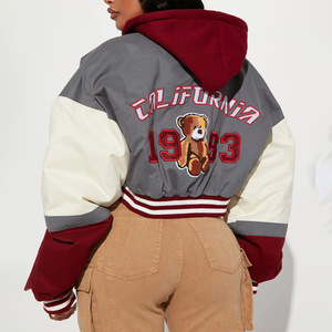 Herbst-Winter Damen Vielseitige Varsity-Jacke Kurz mit Kapuze Stehkragen Shearling-Knopfleiste Winddicht Amerikanischer Streetstyle <span class=keywords><strong>Patchwork</strong></span> - Product Image 2