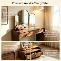 Table de toilette de style campagnard européen et américain en gros, avec miroir triple pliant à cadre doré et tiroirs en bois de noyer pour chambre à coucher