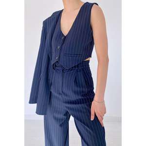 Conjunto de Vestir Formal a Rayas Azul Marino al por Mayor que Incluye Chaqueta, Chaleco y Pantalones - Product Image 2