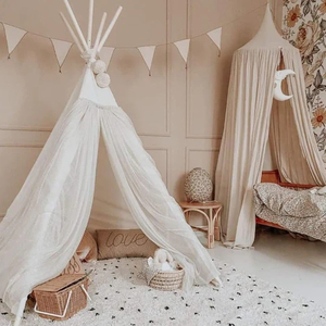 Tente de jeu <span class=keywords><strong>pour</strong></span> enfants en toile de coton naturelle, pliable, <span class=keywords><strong>pour</strong></span> intérieur, <span class=keywords><strong>tipi</strong></span> avec rideau transparent beige - Product Image 3