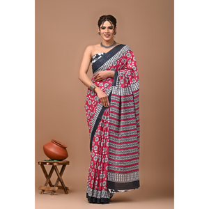 Sari de Algodón Mulmul Estampado con Blusa a Juego, Sari de Algodón Mulmul Ligero y Elegante - Cómodo para Uso Diario - Product Image 5