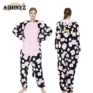 AIMINYZ toptan karikatür sevimli hayvan tek uyuyan pijama çift yetişkin Polar pazen rahat moda tasarım pijama pembe inek