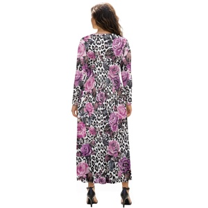 Abito lungo da donna classico con stampa floreale leopardata viola e rosa, maniche lunghe, scollo a V, modello avvolgente, linea ad A, orlo svasato, abito sofisticato per occasioni speciali - Product Image 3