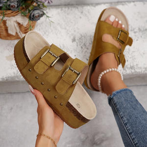 Nuevas sandalias de verano para mujer, talla grande, suela gruesa de una palabra, Color sólido, doble botonadura, Fondo de melocotón, zapatillas remachadas - Product Image 5