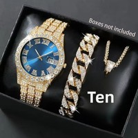 Montre pour homme avec bracelet en acier entièrement serti de diamants, cadran vert romain, date, bracelet cubain, collier croix, ensemble de 3 pièces, style hip-hop, cadeau d'anniversaire ou de fête