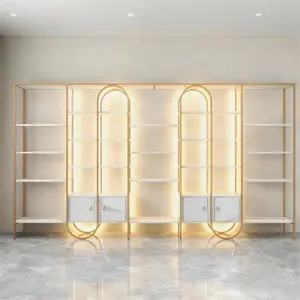 Custom White Gold Modern Wood Wall Stand Salon Furniture Nail Polish Rack Display Cabinet