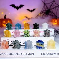 Ornements en pierre naturelle mélangée en gros sur le thème d'Halloween, mini-sculptures de fantômes en cristal pour cadeaux de fêtes