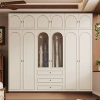 Armoire à portes battantes French Arch, blanc crème, portes et tiroirs en panneaux mélaminés cannelés, montage facile, taille personnalisable, pour chambre à coucher ou salle de sport, montage au sol/plafond