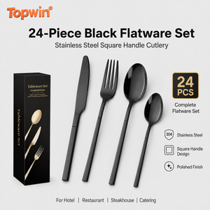 Ensemble de couverts en acier inoxydable noir, 24 pièces, manche carré moderne, couteau, fourchette, cuillère, couverts pour hôtel, restaurant, banquet - Product Image 1