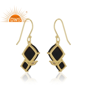 ต่างหูพลอยแบล็คออนิกซ์ ดีไซน์คู่สุดหรู ชุบทองบนเงินแท้ แบบห้อย ต่างหูขายส่ง - Product Image 3