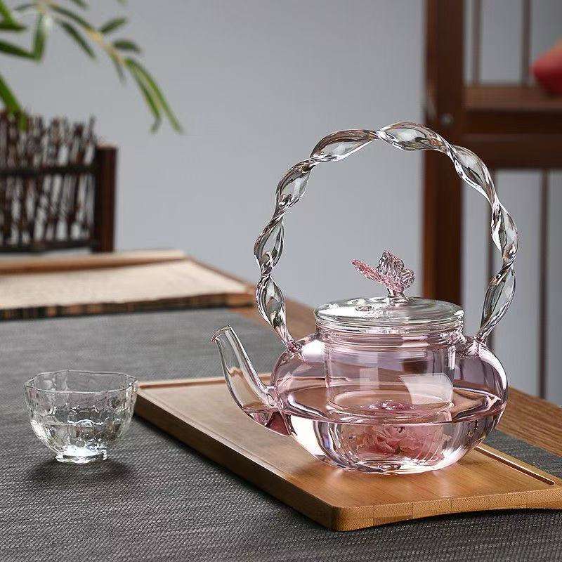 M Pink Butterfly High Temperature Tea Pot High Borosilicate Transparent  Glass Beam Pot Electric Clay Stove Tea Kettle Tea Cup
