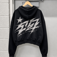 Sudadera con Capucha de Diseño OEM, Cuello Alto, Letras de Tela con Pedrería, 100% Algodón, 460 g/m², Lavado Ácido, Logotipo Negro Impreso en Serigrafía de Calidad