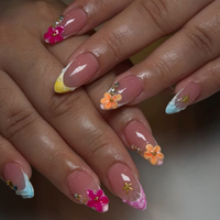 LUMEILA Wijnrood Crème Geel Verloop Handgetekende Bloemmotief Amandel Acryl Volledige Dekking Persnagels Lijm Nude Kunstnagels