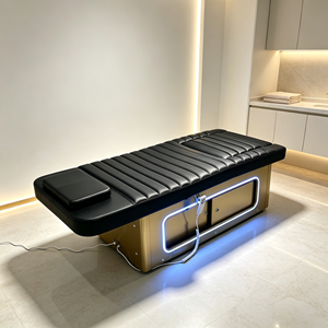 Lit de massage électrique pour esthétique, base dorée avec lumière LED, en cuir PU noir, lit de spa facial réglable - Product Image 5