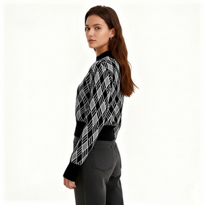 Maglione Casual da Donna a Maniche Lunghe con Collo Rotondo, Motivo Argyle <span class=keywords><strong>Bianco</strong></span> e Nero all'Uncinetto - Product Image 2