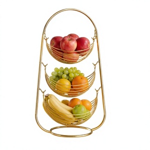 Elegant Gold 3 Tier Fruit <b>Basket</b> Stand with <b>Hanging</b> Wire <b>Baskets</b> for Kitchen Countertop <b>Storage</b> and Decorative Home Organization - Product Image 1