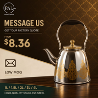 Bouilloire sifflante arabe de luxe en acier inoxydable, décor floral argenté et doré, à facettes, 2L 3L, pour la maison, les mariages, le Ramadan et l'Aïd