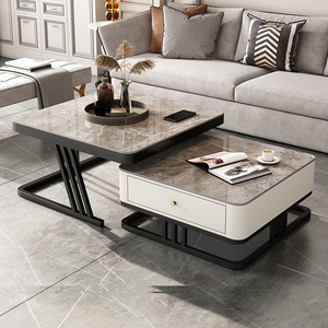 Set di Tavolini da Caffè Moderni di Lusso in Marmo <span class=keywords><strong>e</strong></span> Legno Nero, Design in <span class=keywords><strong>Vetro</strong></span> con Struttura in Metallo Estensibile Multifunzione per Soggiorno - Product Image 2