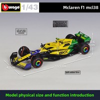 BBURAGO Coche de Carreras de Fórmula Naranja a Escala 1:43, Modelo de Aleación Fundida a Presión, Simulación de Vehículo Estilo F1, Juguete Coleccionable con Control de Fuerza