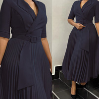 Robe élégante D3291 Printemps-Été à manches courtes, taille haute, coupe trapèze, grand évasement, col en V, pour femme, idéale pour le bureau, avec ceinture