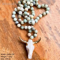 Collier long en perles de pierres précieuses de style western Longhorn, motif animal bohème, tête de taureau, vache, bovins, bijoux en pierre du sud-ouest, cadeau pour femme