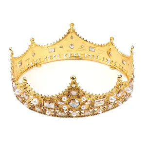 DaiMing büyük altın barok lüks yuvarlak Tiara takı Rhinestone inci Vintage taç elmas kral kraliçe taç